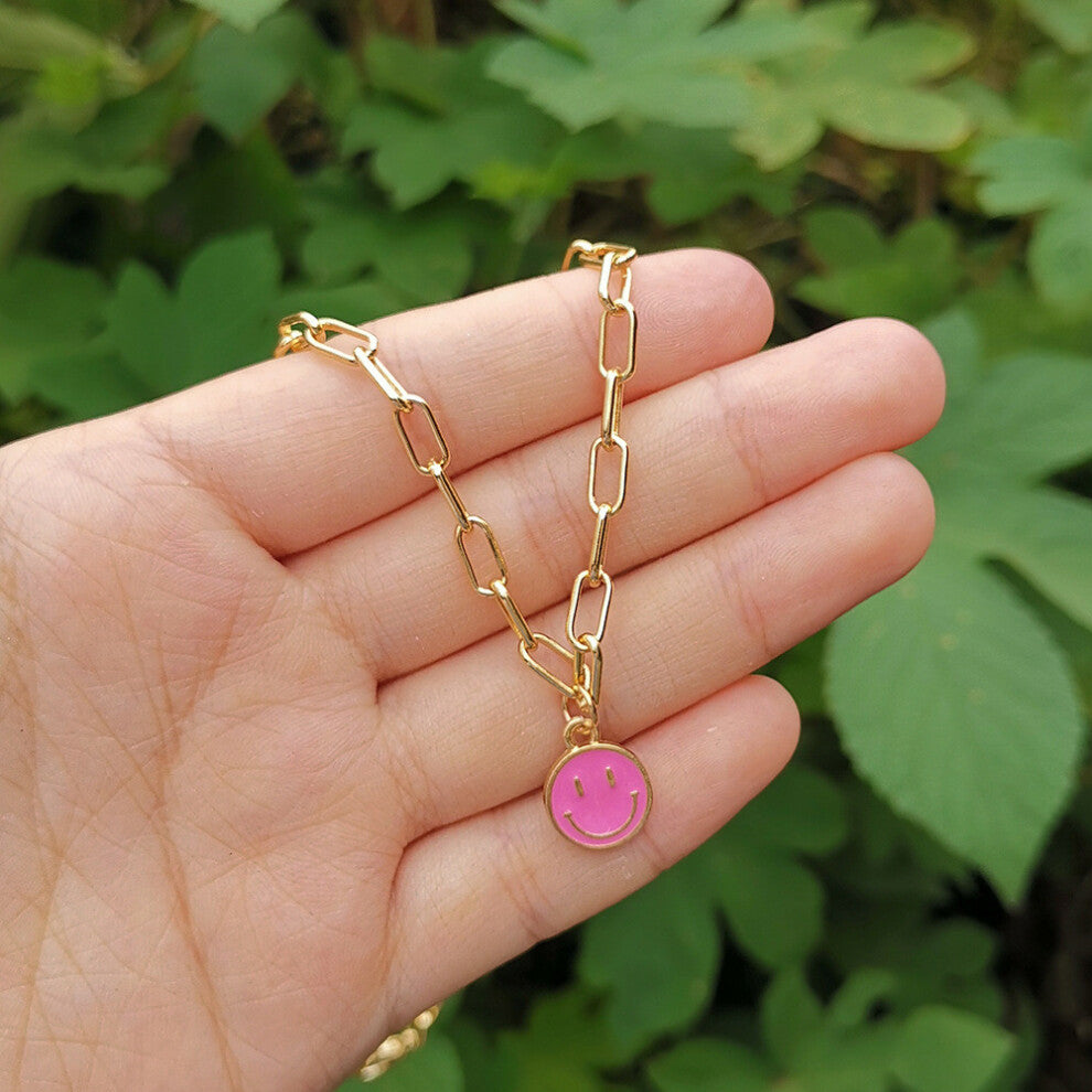 (Small Fuchsia) Smiley Unique Alloy Face Pendant Necklace In Vibrant Colors For Chic Everyday Wear