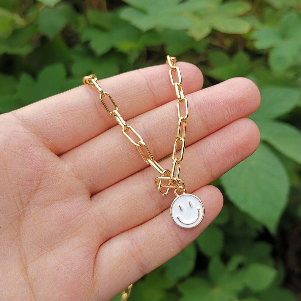 (Small White) Smiley Unique Alloy Face Pendant Necklace In Vibrant Colors For Chic Everyday Wear