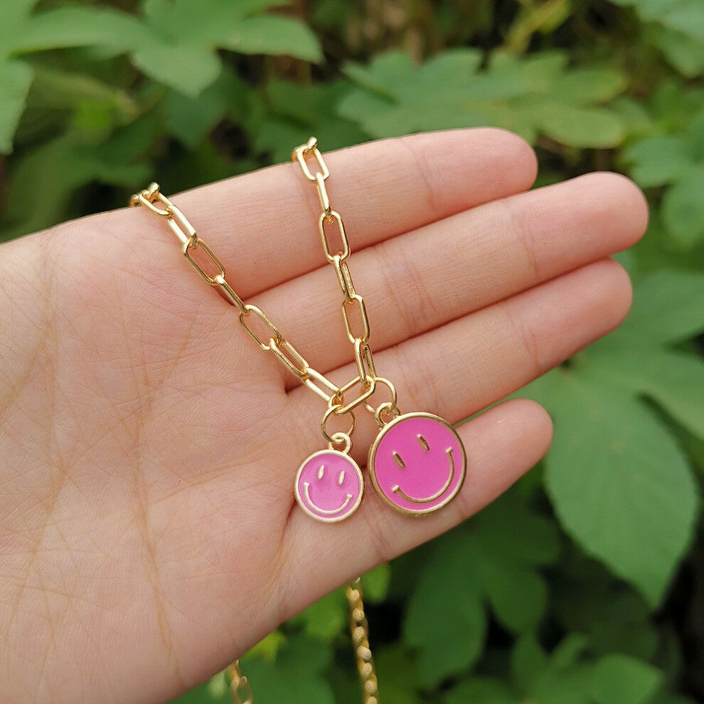 (Dual Fuchsia) Smiley Unique Alloy Face Pendant Necklace In Vibrant Colors For Chic Everyday Wear