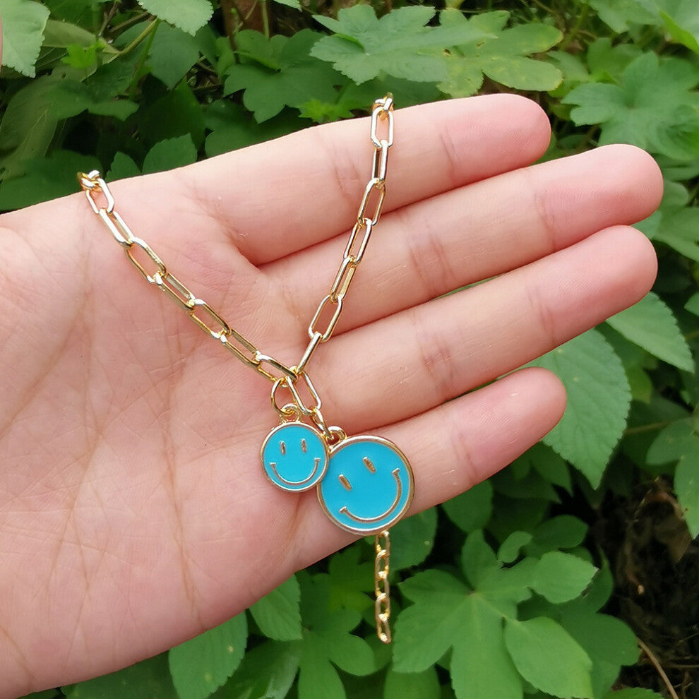 (Dual Blue) Smiley Unique Alloy Face Pendant Necklace In Vibrant Colors For Chic Everyday Wear