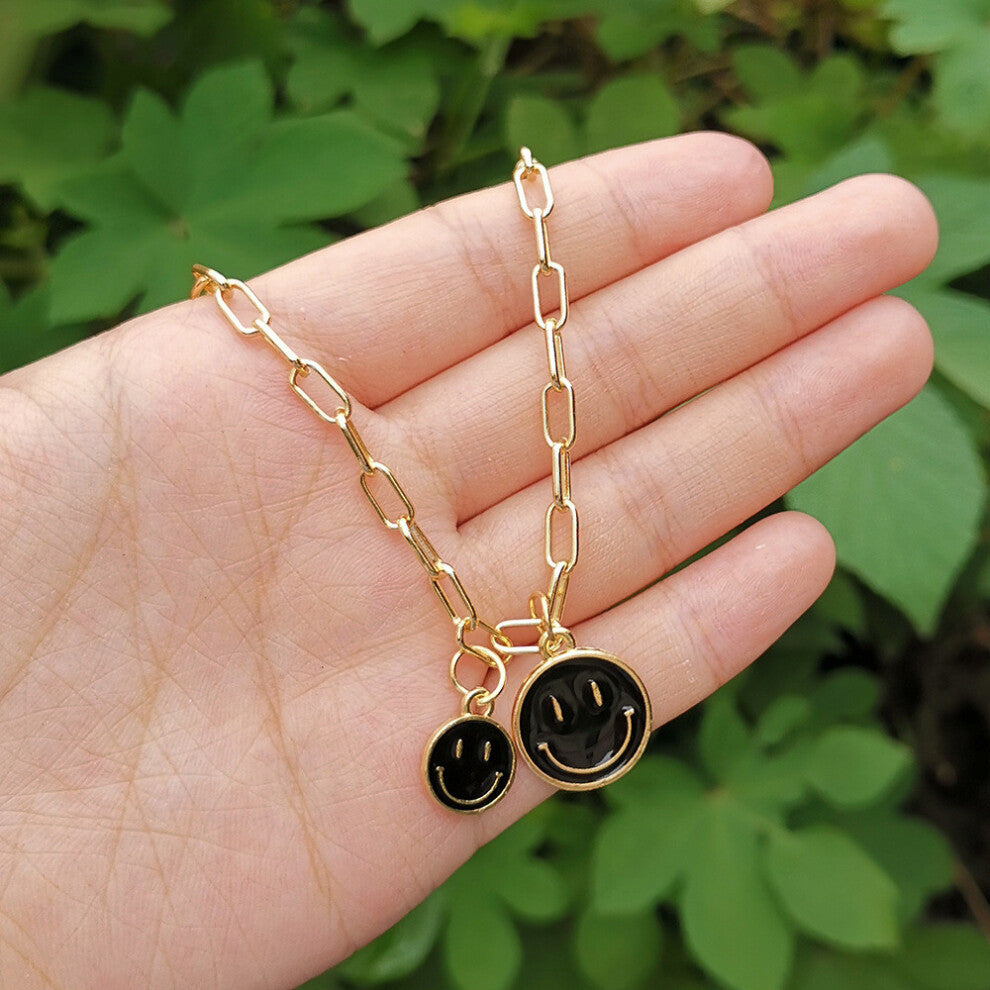 (Dual Black) Smiley Unique Alloy Face Pendant Necklace In Vibrant Colors For Chic Everyday Wear