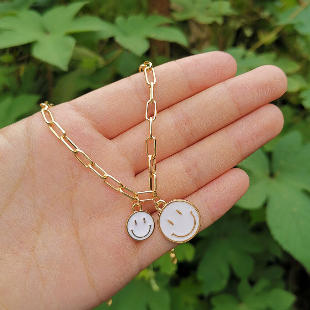 (Dual White) Smiley Unique Alloy Face Pendant Necklace In Vibrant Colors For Chic Everyday Wear