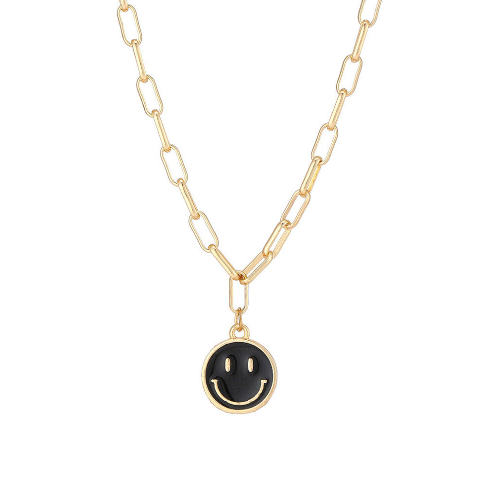 (Large Black) Smiley Unique Alloy Face Pendant Necklace In Vibrant Colors For Chic Everyday Wear