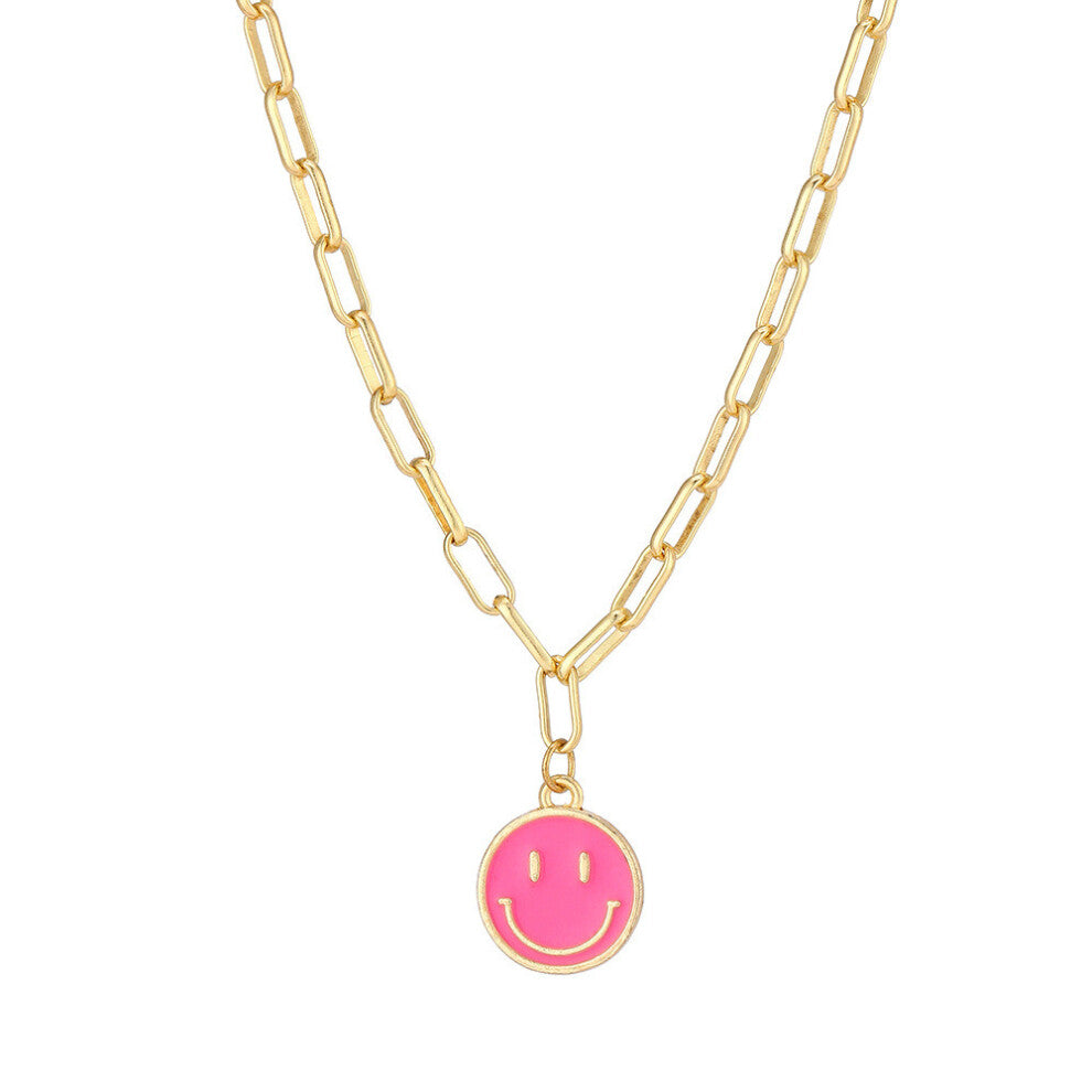 (Large Fuchsia) Smiley Unique Alloy Face Pendant Necklace In Vibrant Colors For Chic Everyday Wear