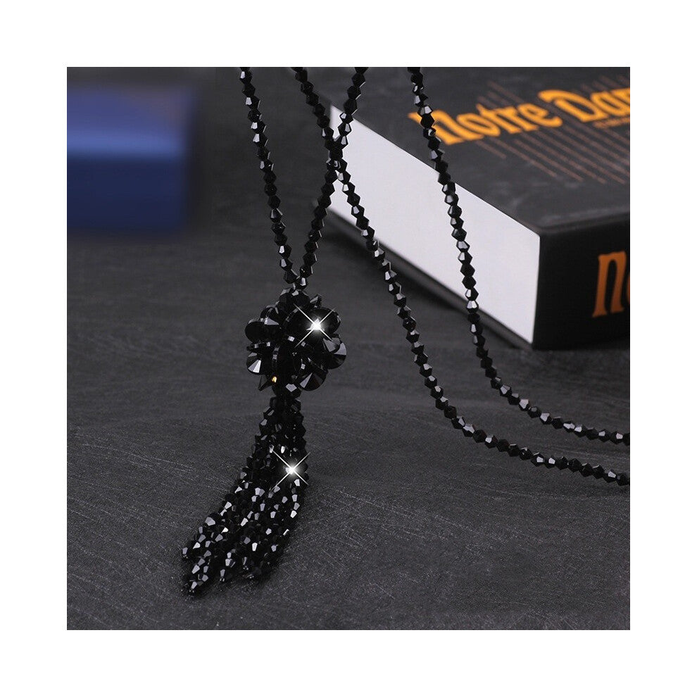 (Black) Beautifully Crafted Long Crystal Necklace With Floral Accents For Women Various Colors In
