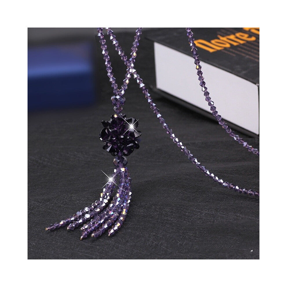 (Violet) Beautifully Crafted Long Crystal Necklace With Floral Accents For Women Various Colors In
