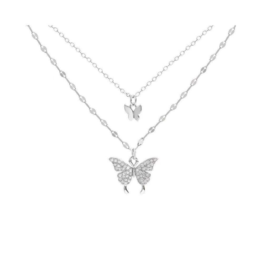 (Silver) Color Silver Gold Double Layer Butterfly Pendant Choker Jewelry Necklace Women