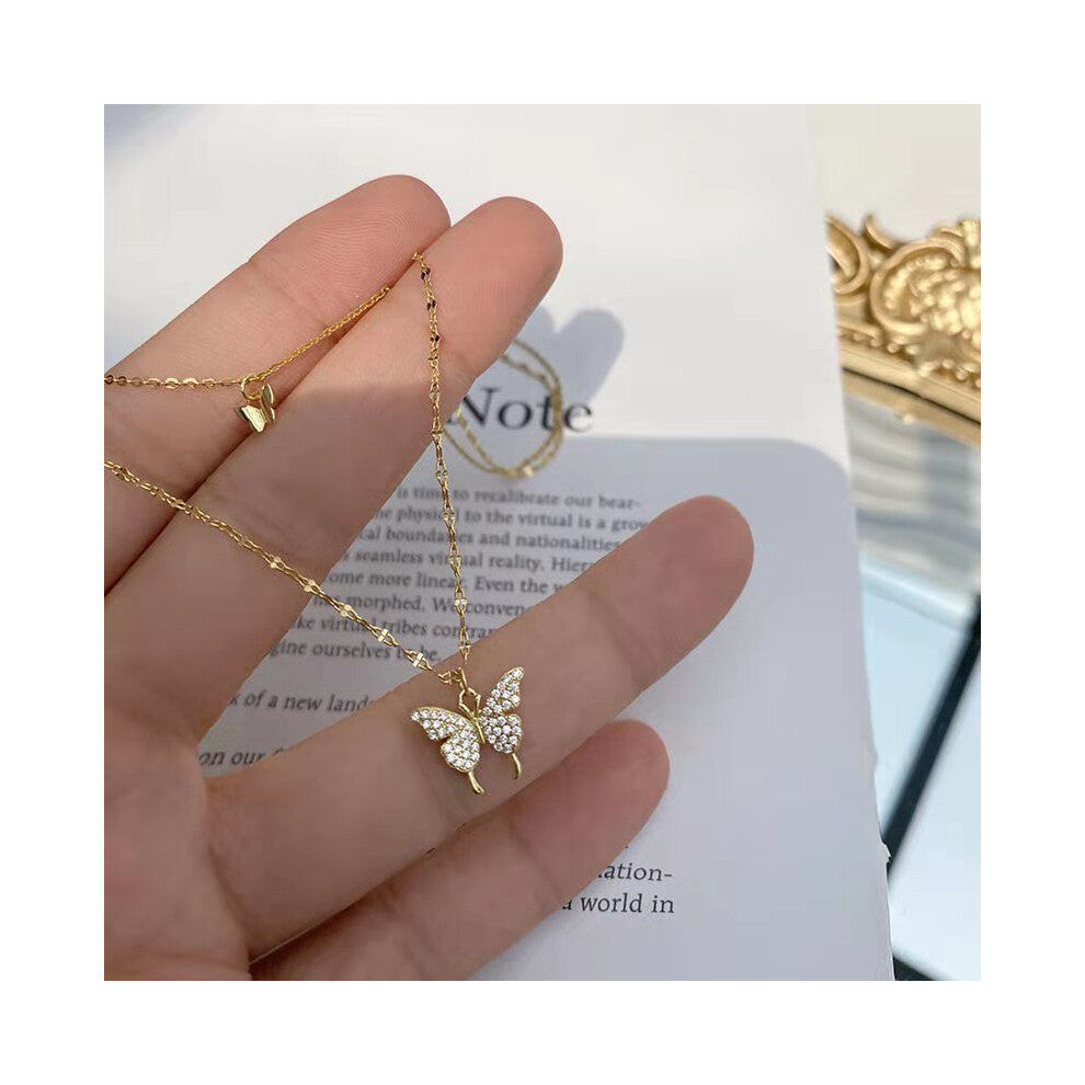 (Gold) Color Silver Gold Double Layer Butterfly Pendant Choker Jewelry Necklace Women