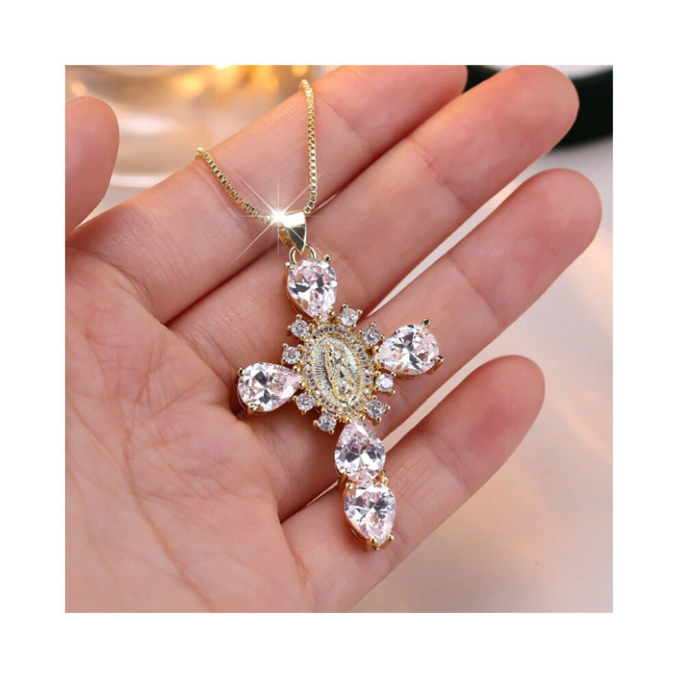 (White Diamond) Stunning Full Rhinestone Virgin Mary Cross Necklace For Women With Geometric Design Unique