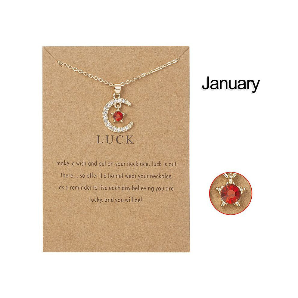 (January) Cubic Gold 18k Zirconia Birthstone Moon Pendant Necklace Women For Accessories