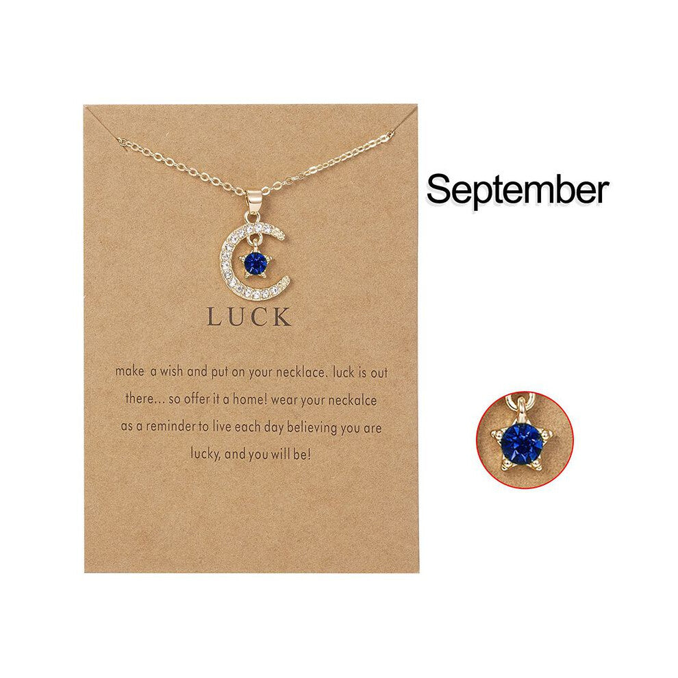 (September) Cubic Gold 18k Zirconia Birthstone Moon Pendant Necklace Women For Accessories