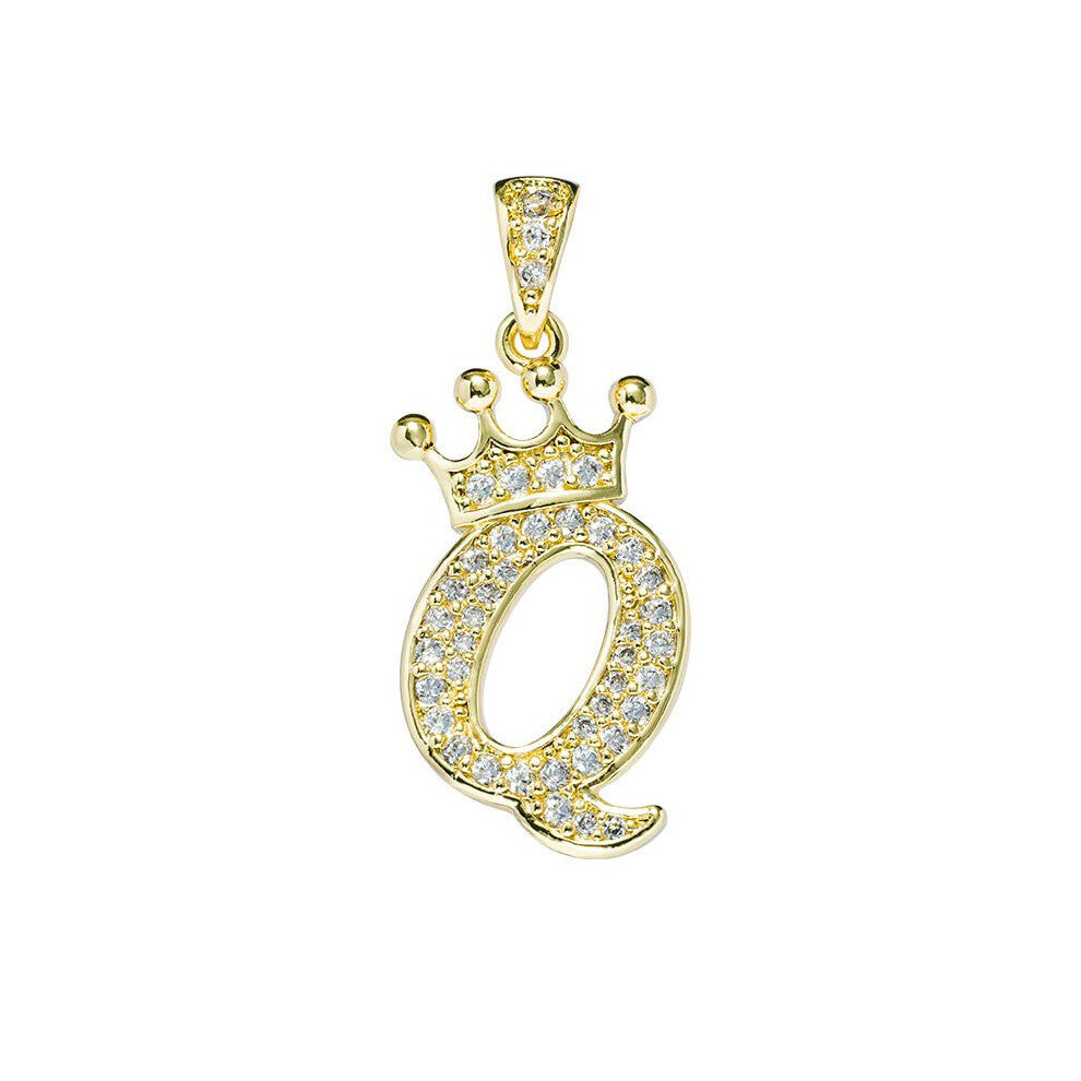 (Q) Crown Alphabet Az Initials Letter Pendant Necklace Gold Jewelry Chain Gift