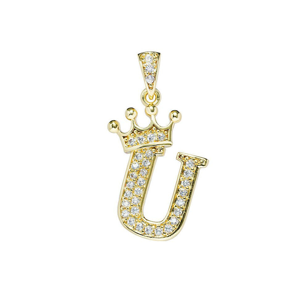 (U) Crown Alphabet Az Initials Letter Pendant Necklace Gold Jewelry Chain Gift