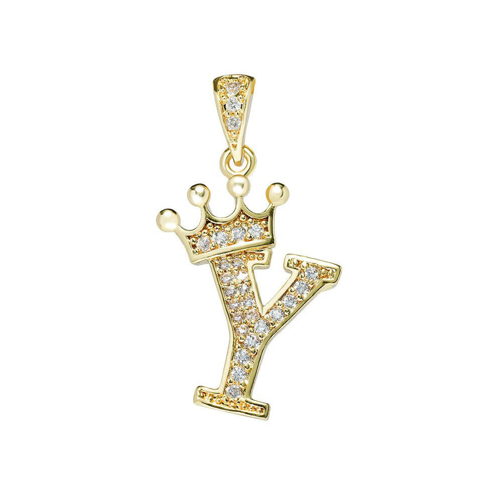 (Y) Crown Alphabet Az Initials Letter Pendant Necklace Gold Jewelry Chain Gift