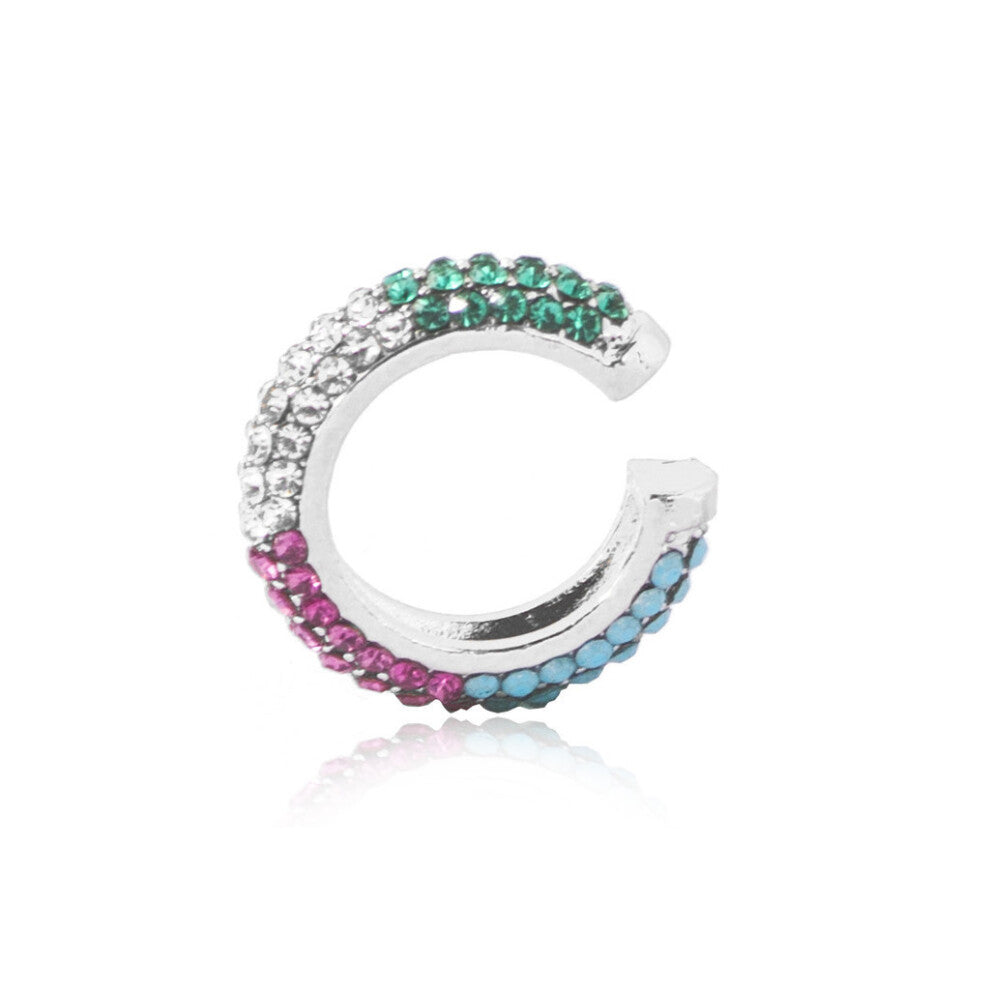 (Silver) Ear Modern Rhinestone Cuffs With Colorful Earrings Trendy Alloy