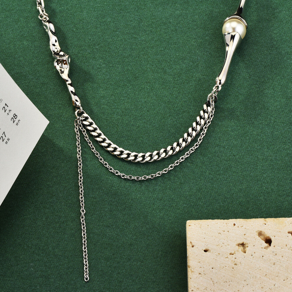 (Silver) Tassel Pearl Unique Necklace With Geometric Designs And Mixed Women Materials For
