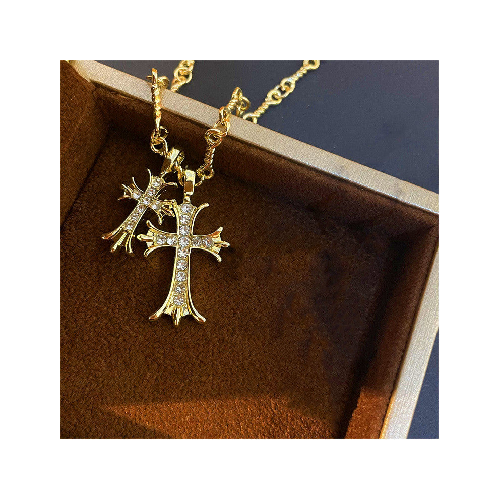 (Gold Double Cross) Cross Baroque Stylish Long Necklace For Women With Alluring Alloy Material For Looks Highend Fashion