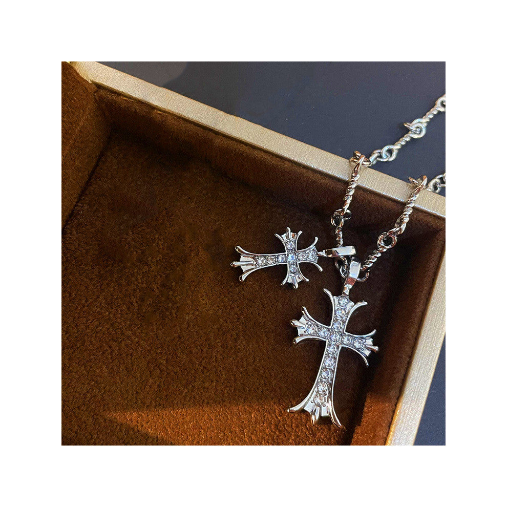 (Silver Double Cross) Cross Baroque Stylish Long Necklace For Women With Alluring Alloy Material For Looks Highend Fashion