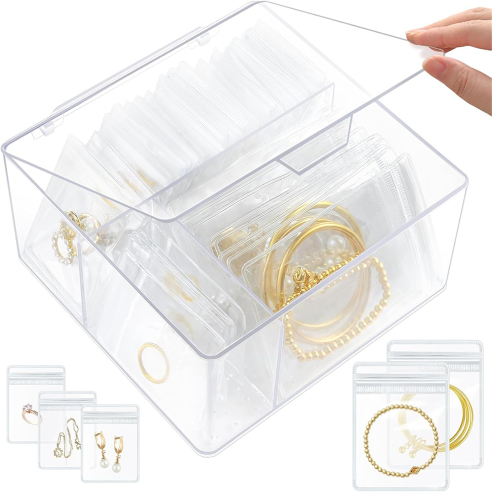 Acrylic Jewelry Box Organizer, Clear Organizers and Storage with 60 Bags, for Earrings-Rings-Bracelet-Necklaces