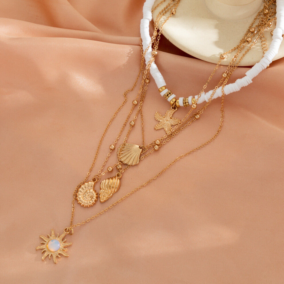 (Starfish Conch Necklace) Alloy Versatile And Soft Clay Necklace Featuring Exotic Shells Perfect For Summer Outfits