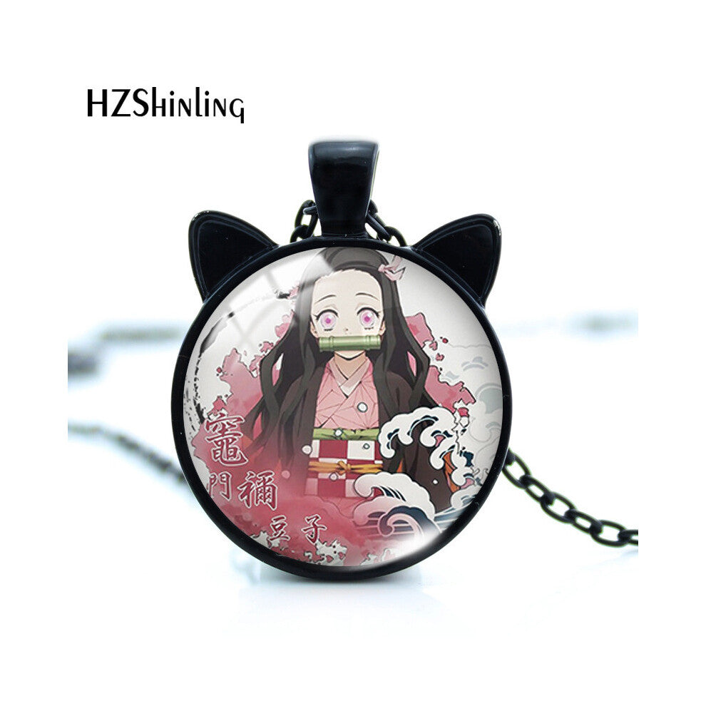 (HMXL3) Cat Alloy Unique Ears Time Gem Necklace Featuring Nezuko Design Tanjiro And