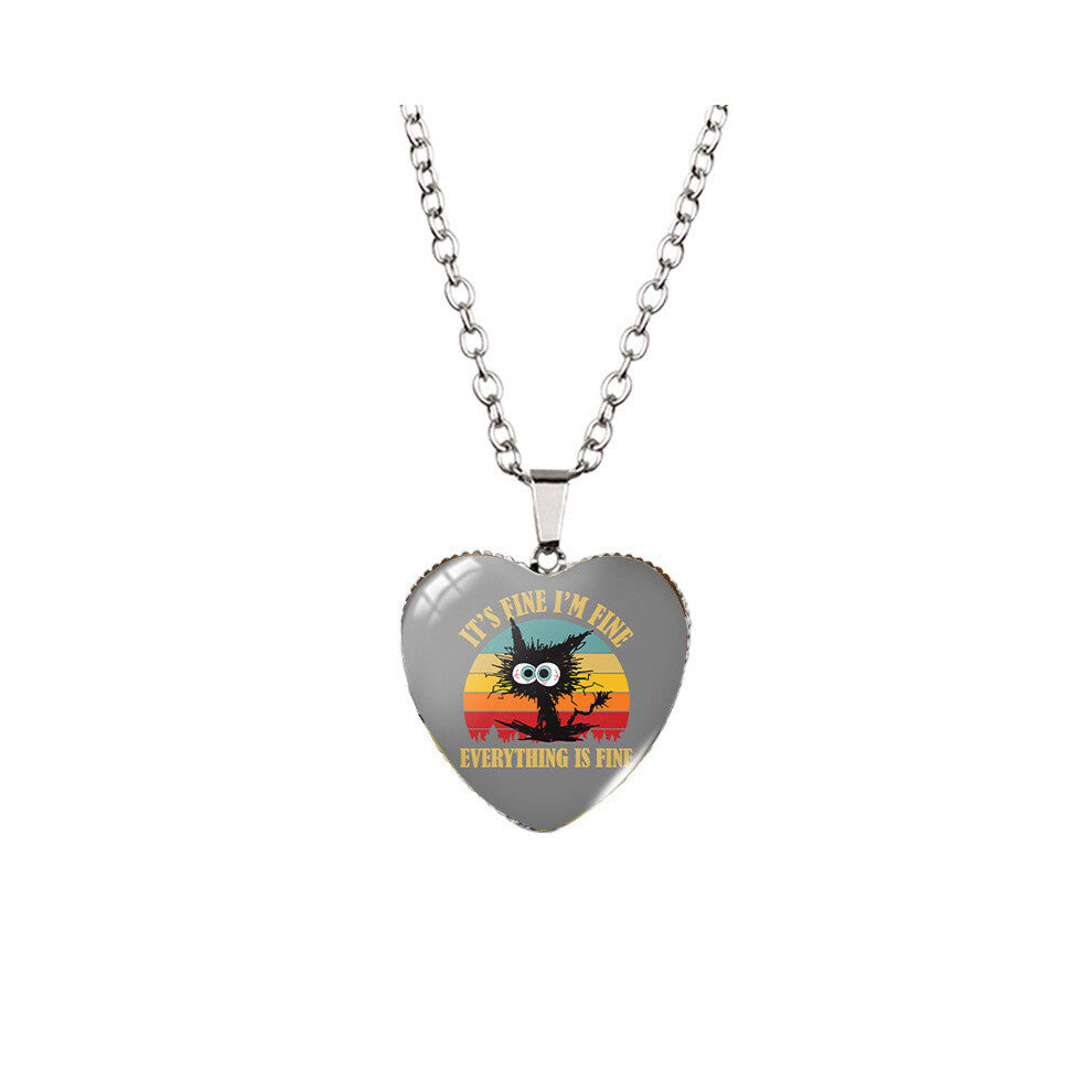 (XXXL413) Im Chic Fine Everything Is Fine Heart Shaped Pendant Necklace Featuring Playful Black Cat Design A Must Have For Fashion Lovers
