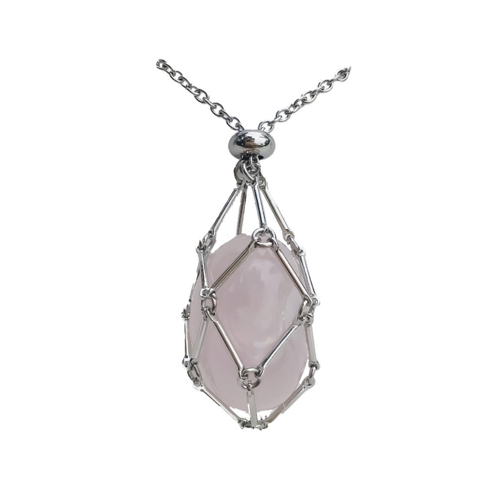 (Silver Pink Crystal) Metal Woven Stylish Bamboo Pendant Necklace Featuring Natural Crystals In Assorted Colors