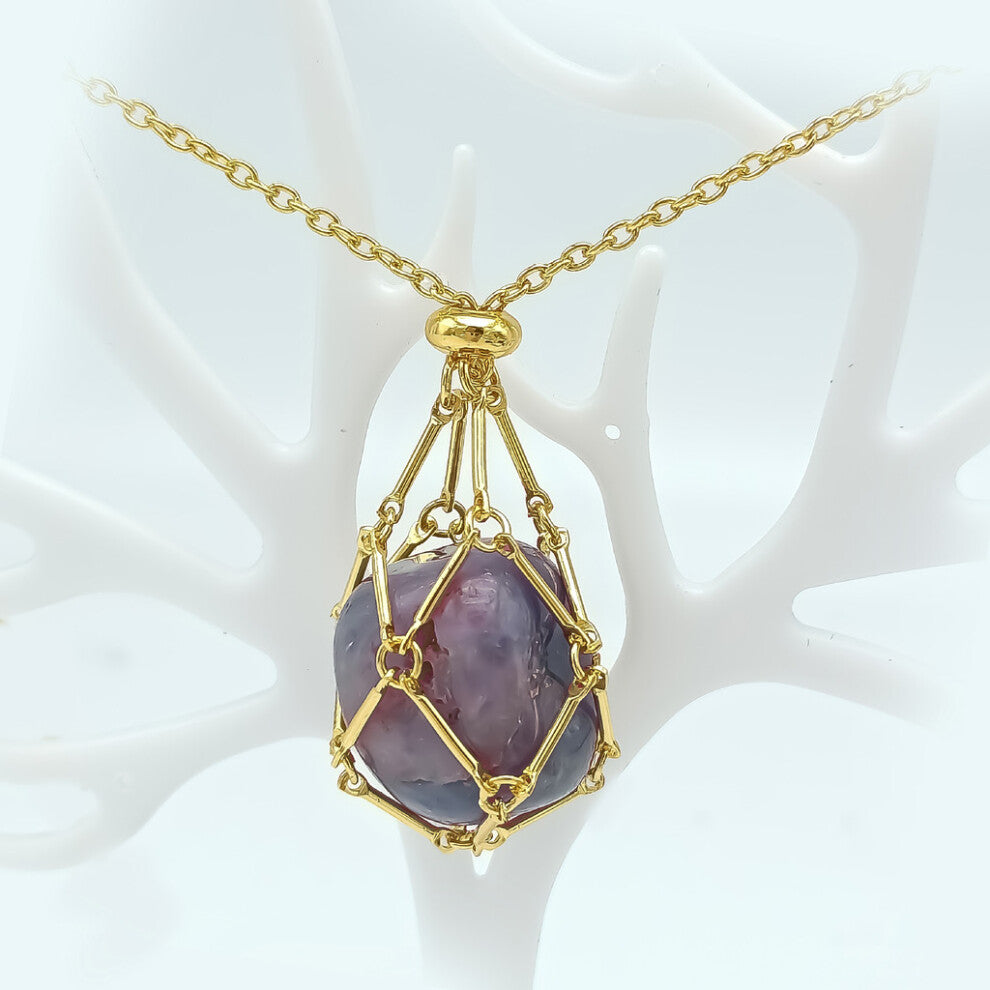 (Gold Purple Crystal) Metal Woven Stylish Bamboo Pendant Necklace Featuring Natural Crystals In Assorted Colors