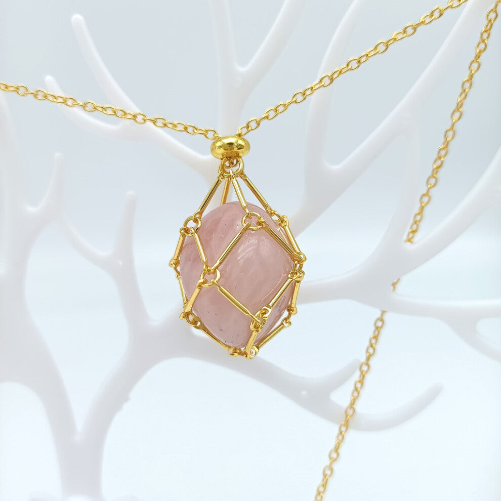 (Gold Pink Crystal) Metal Woven Stylish Bamboo Pendant Necklace Featuring Natural Crystals In Assorted Colors