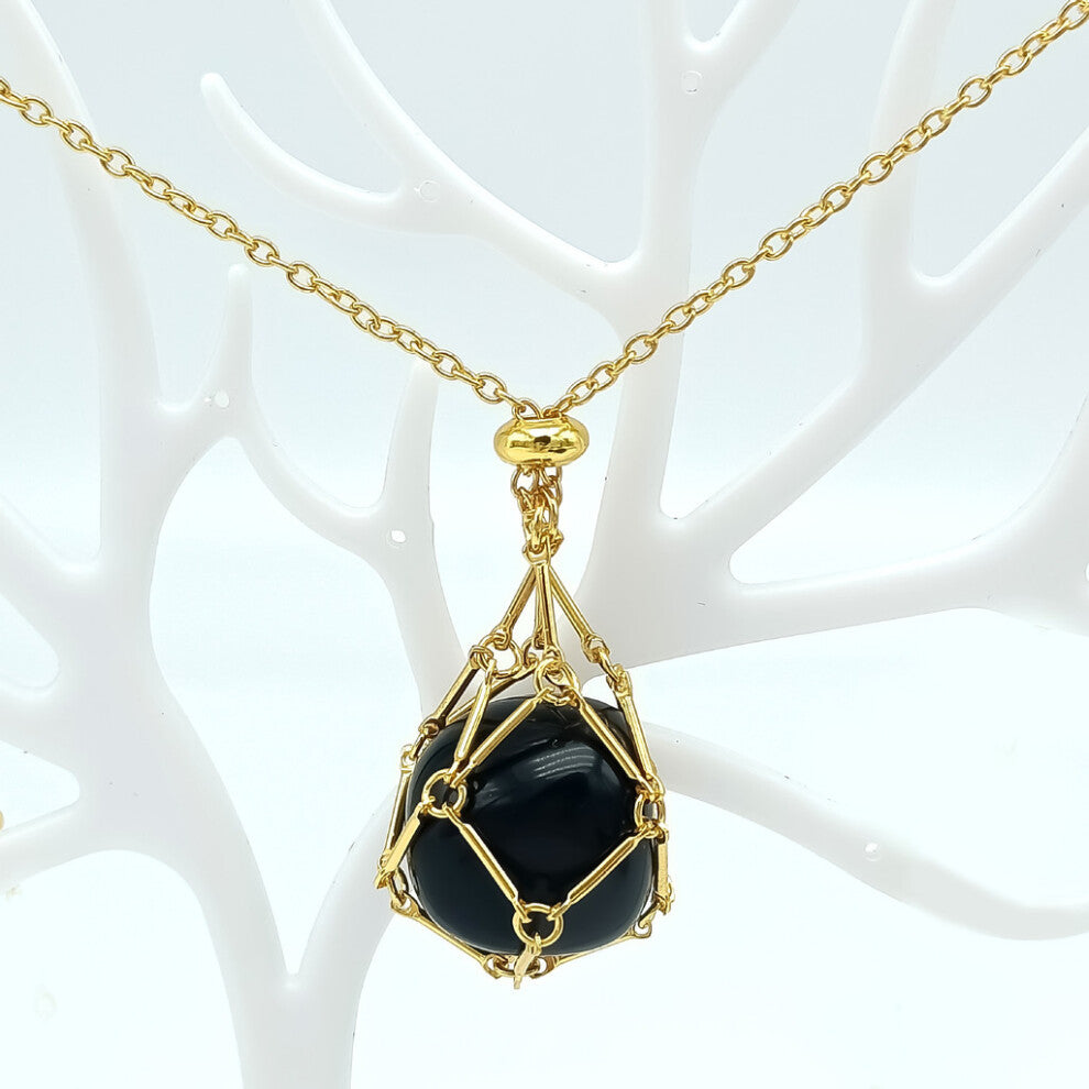 (Gold Obsidian) Metal Woven Stylish Bamboo Pendant Necklace Featuring Natural Crystals In Assorted Colors