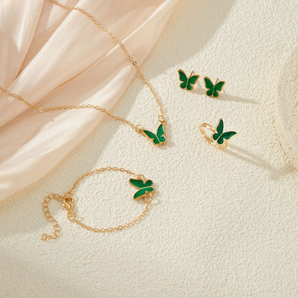 (Green Set) Exquisite White Butterfly Drip Glaze Ear Studs With Trendy Necklace And Bracelet For Women Set