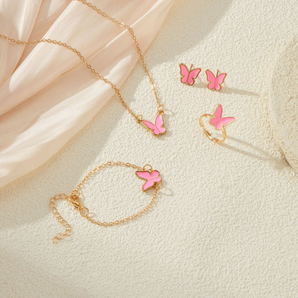 (Pink Set) Exquisite White Butterfly Drip Glaze Ear Studs With Trendy Necklace And Bracelet For Women Set