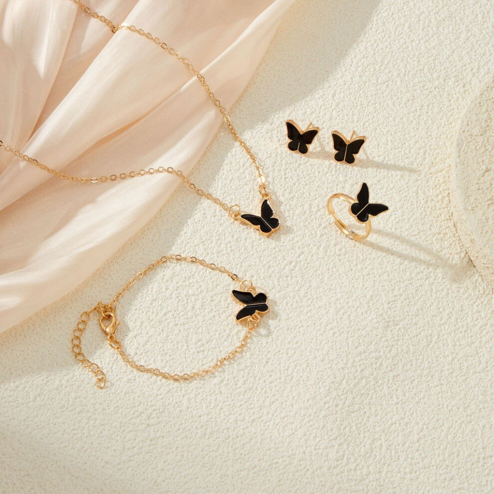 (Black Set) Exquisite White Butterfly Drip Glaze Ear Studs With Trendy Necklace And Bracelet For Women Set