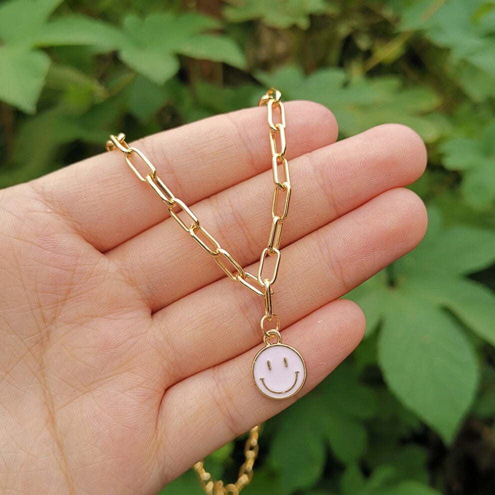 (Small Pink) Smiley Alloy Unique Face Pendant Necklace In Vibrant Colors For Chic Wear Everyday