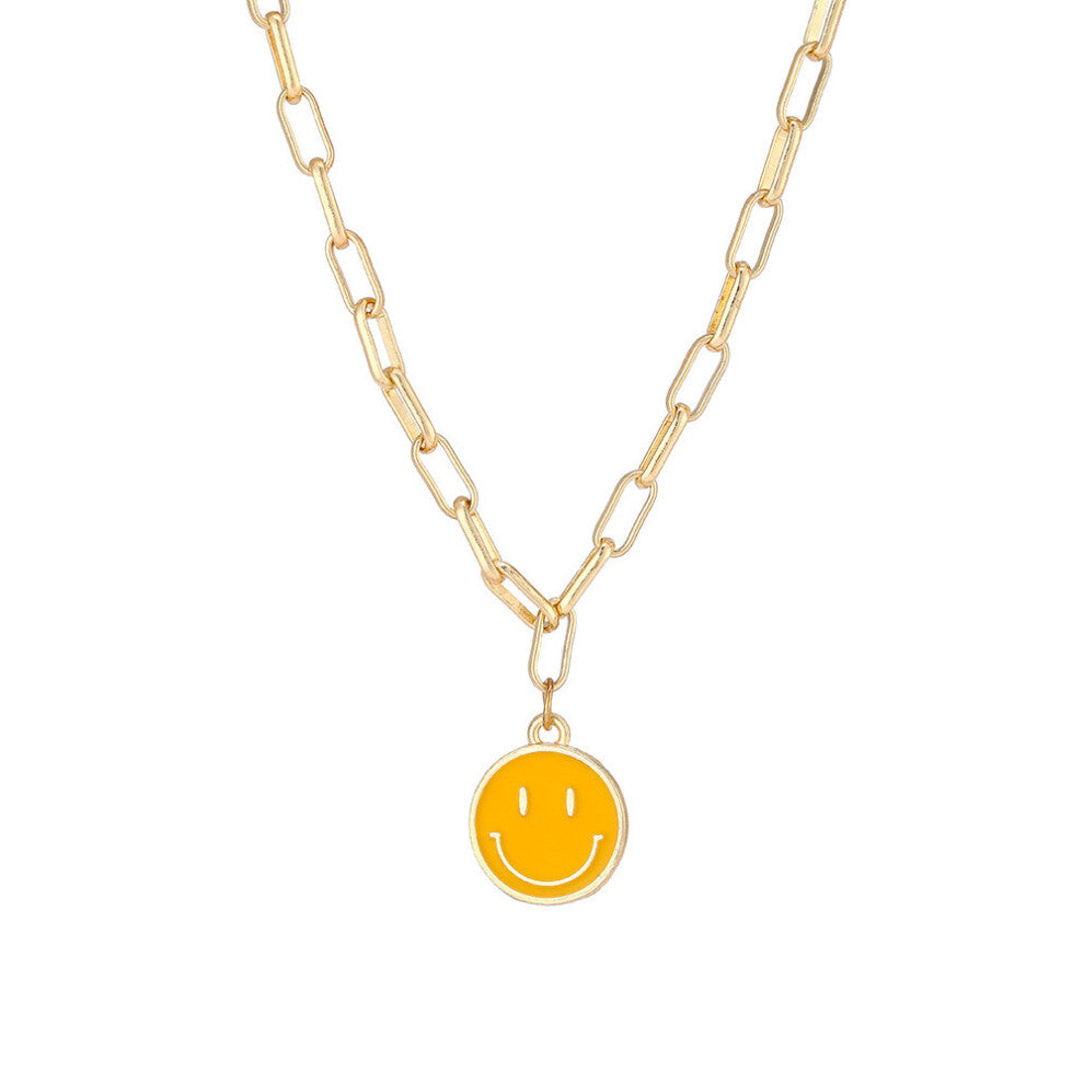 (Large Yellow) Smiley Alloy Unique Face Pendant Necklace In Vibrant Colors For Chic Wear Everyday