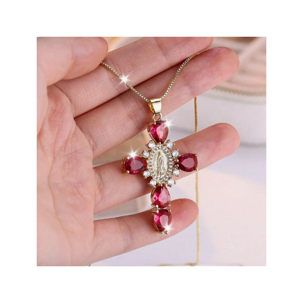 (Red Diamond) Stunning Rhinestone Full Virgin Mary Cross Necklace For Women With Geometric Unique Design