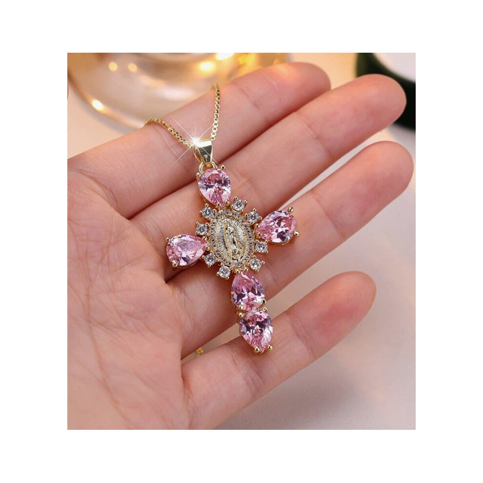 (Pink Diamond) Stunning Rhinestone Full Virgin Mary Cross Necklace For Women With Geometric Unique Design