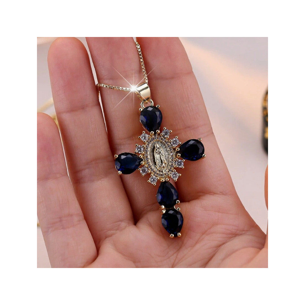 (Blue Diamond) Stunning Rhinestone Full Virgin Mary Cross Necklace For Women With Geometric Unique Design