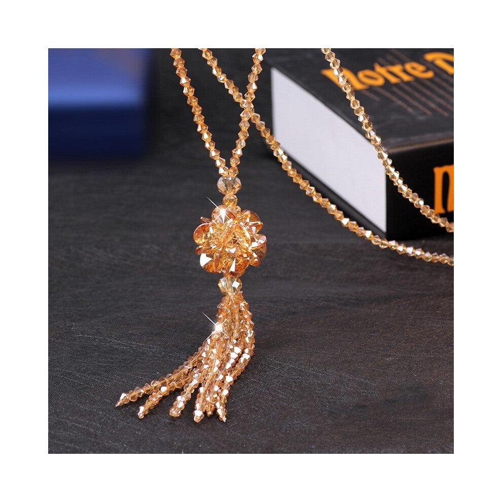 (Champagne) Long Beautifully Crafted Crystal Necklace With Floral Accents For Women Various In Colors