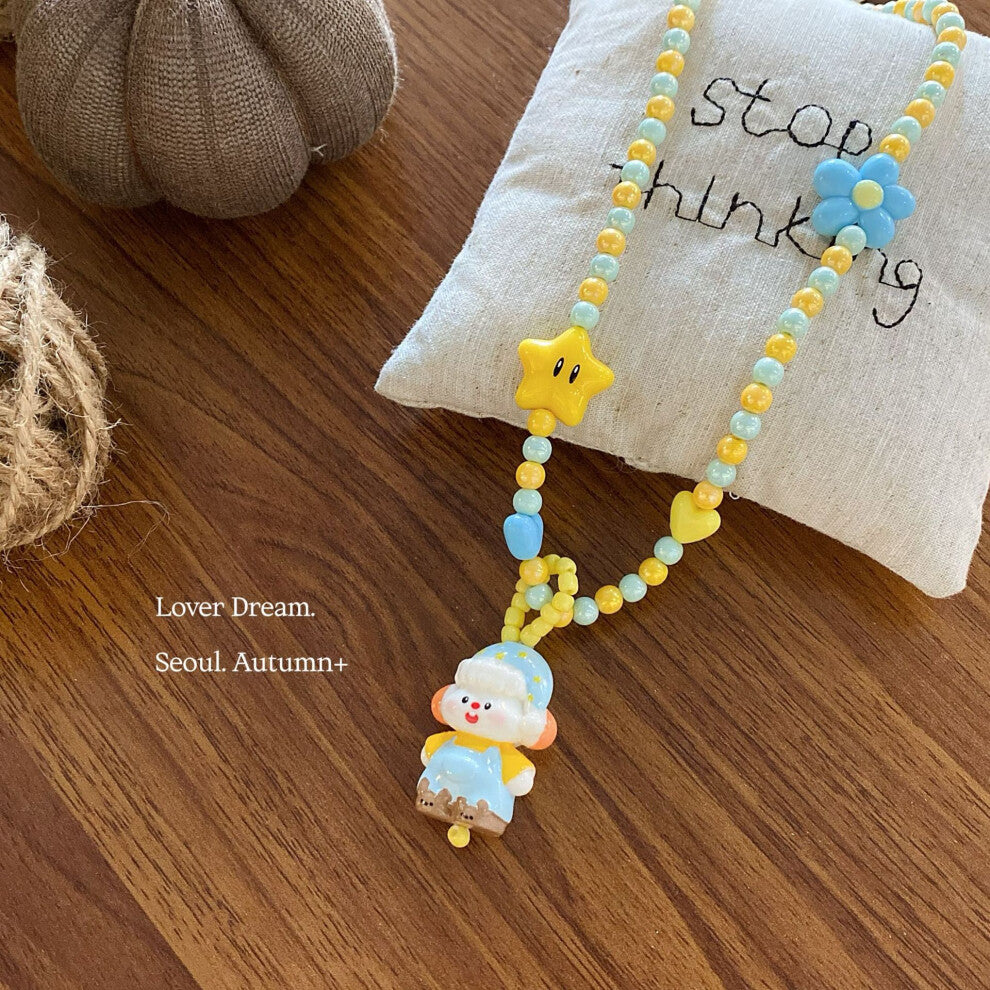 (Blue cartoon colored beaded necklace) New dopamine color kitten five-pointed star children's necklace sweet and cute beaded clavicle chain necklace