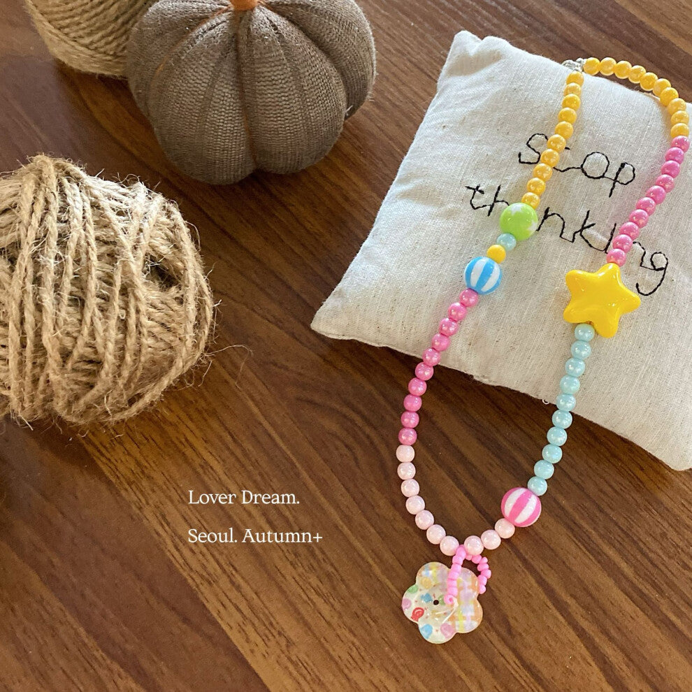 (Colorful flower beaded necklace) New dopamine color kitten five-pointed star children's necklace sweet and cute beaded clavicle chain necklace