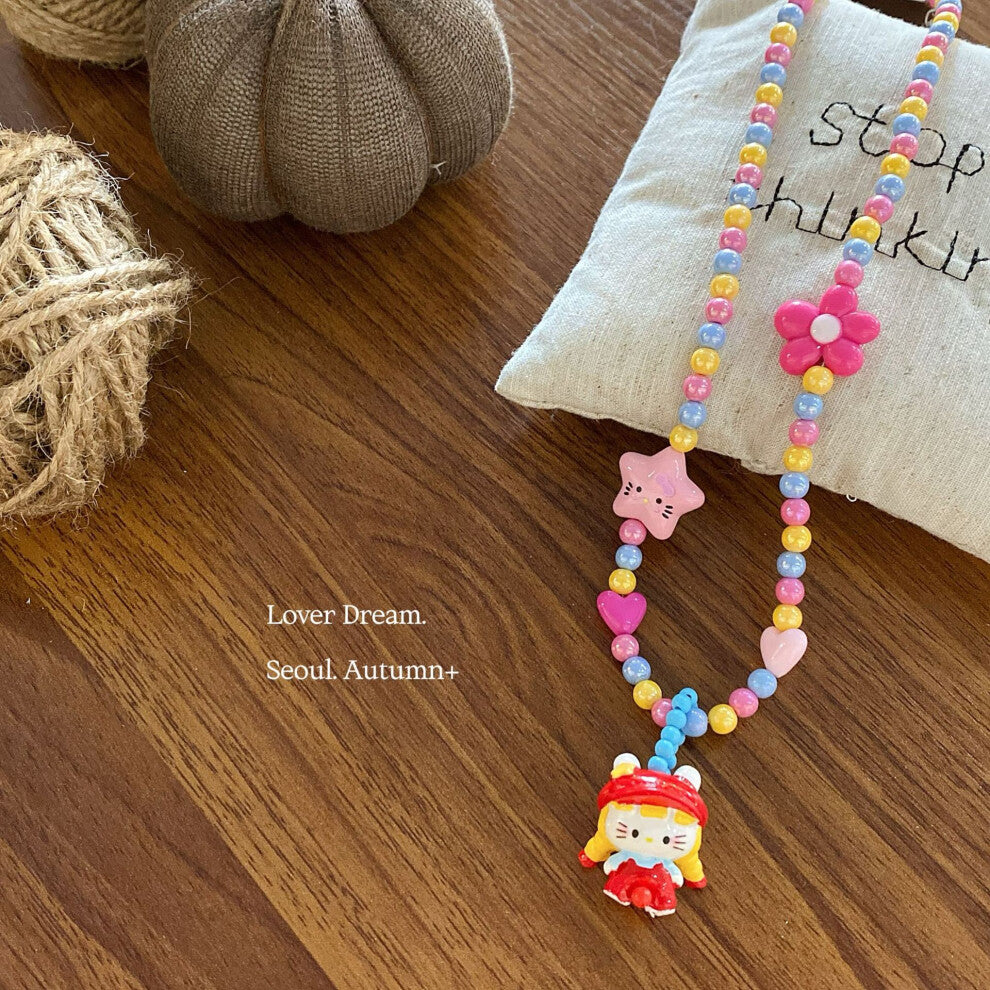 (Red cartoon colorful beaded necklace) New dopamine color kitten five-pointed star children's necklace sweet and cute beaded clavicle chain necklace