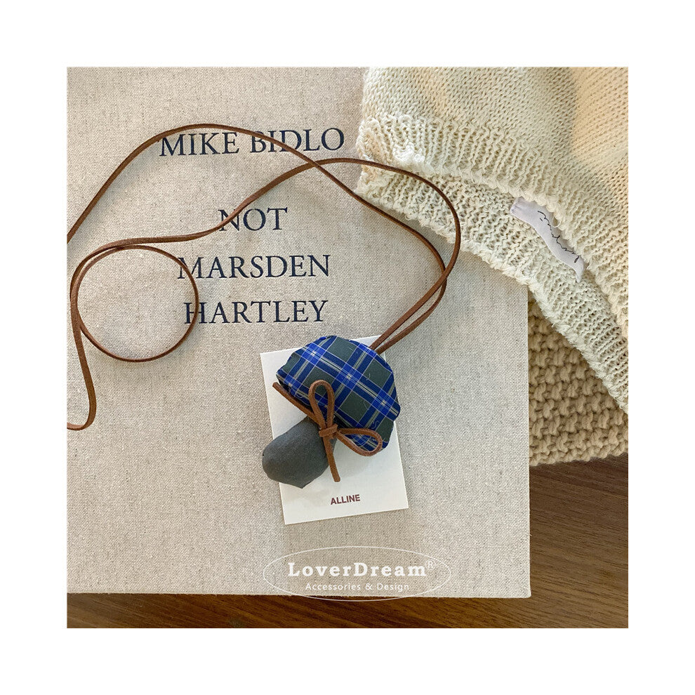 (Green Plaid Bow Mushroom Leather Necklace) New Bowknot Fabric Polka Dot Mushroom Imitation Leather Children's Necklace Sweet and Cute Adjustable Neck