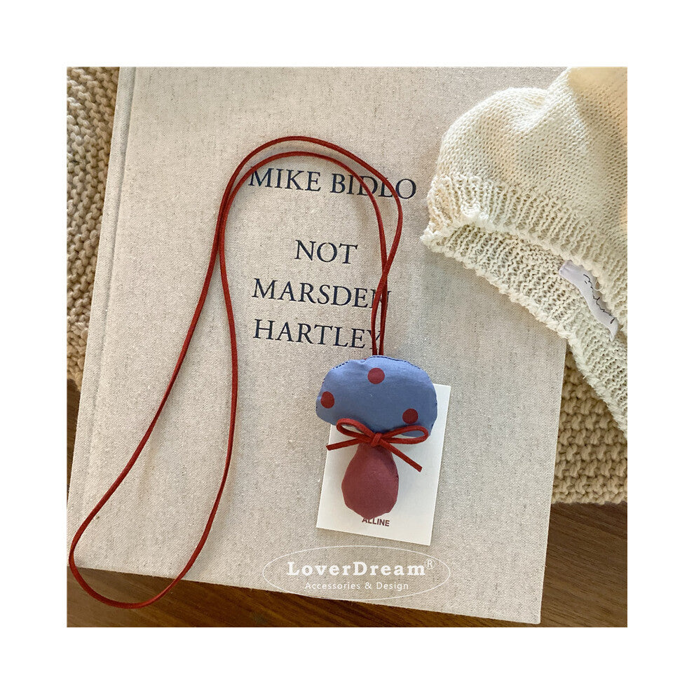 (Blue Polka Dot Bow Mushroom Leather Necklace) New Bowknot Fabric Polka Dot Mushroom Imitation Leather Children's Necklace Sweet and Cute Adjustable N