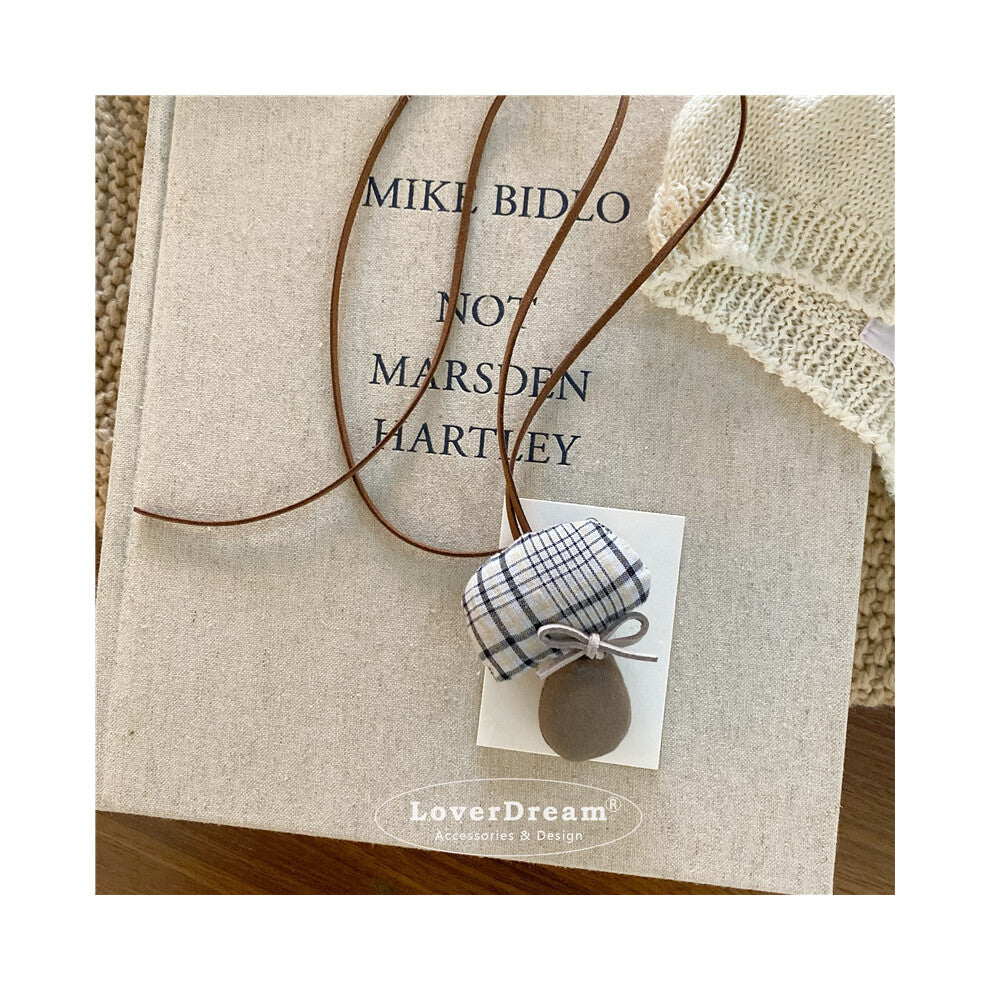 (Gray Plaid Bow Mushroom Leather Necklace) New Bowknot Fabric Polka Dot Mushroom Imitation Leather Children's Necklace Sweet and Cute Adjustable Neckl