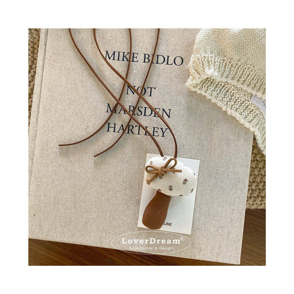 (Beige Bow Mushroom Leather Necklace) New Bowknot Fabric Polka Dot Mushroom Imitation Leather Children's Necklace Sweet and Cute Adjustable Necklace f