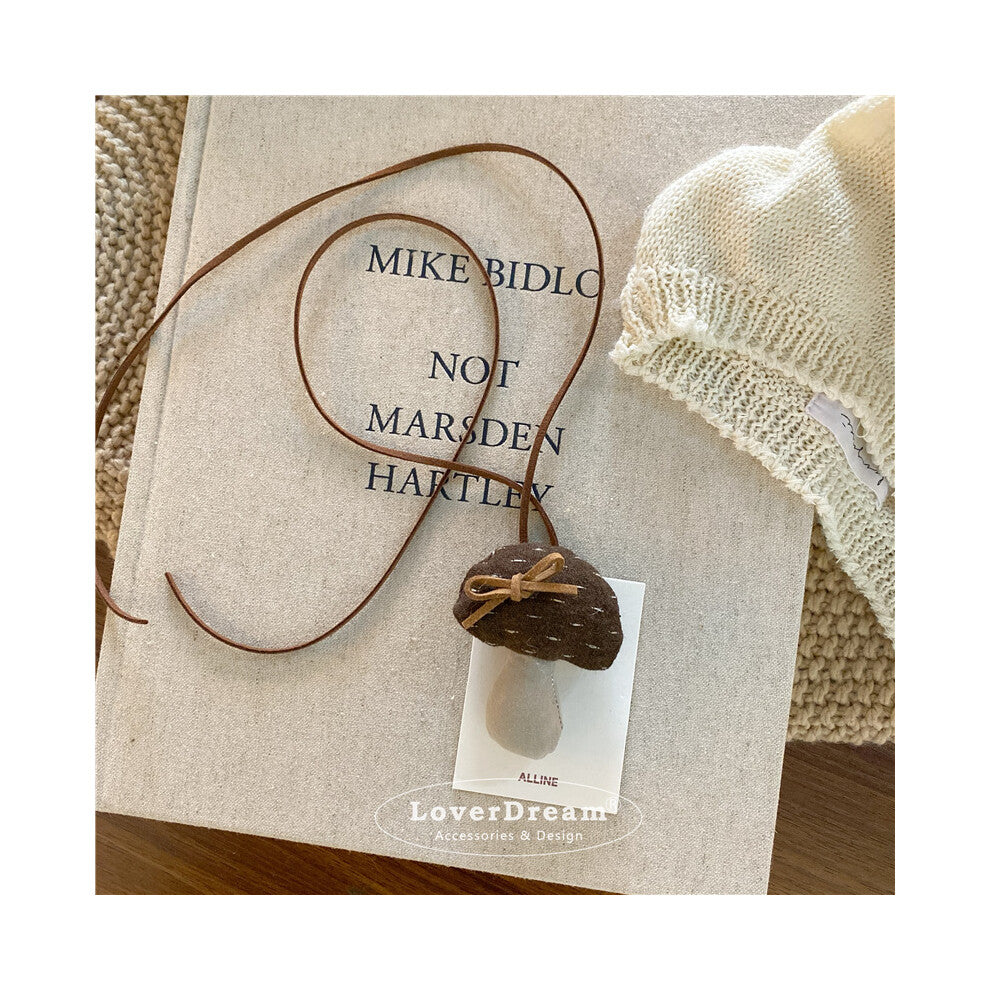 (Brown Bow Mushroom Leather Necklace) New Bowknot Fabric Polka Dot Mushroom Imitation Leather Children's Necklace Sweet and Cute Adjustable Necklace f