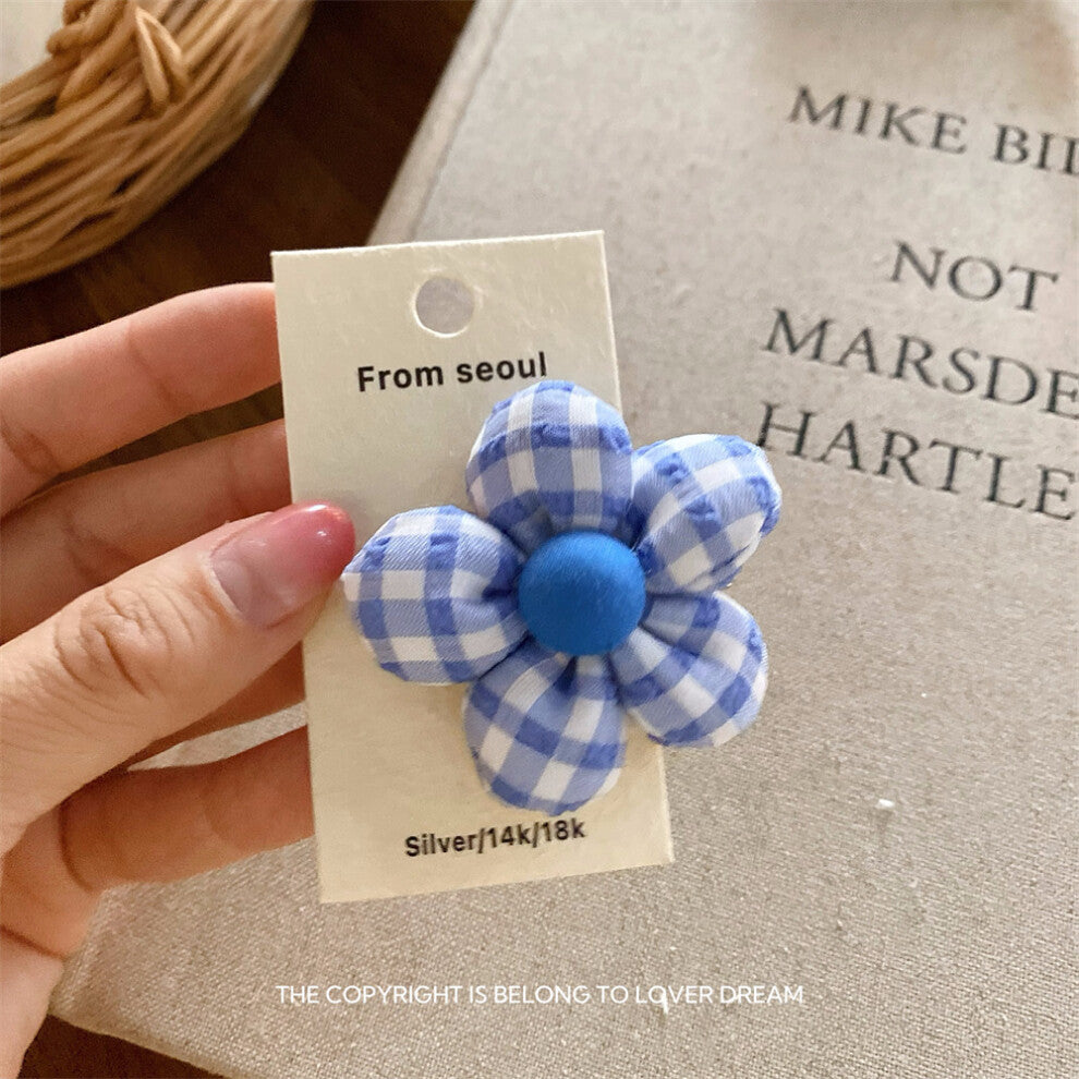 (Blue plaid flower dual-use brooch) New colorful plaid five-petal flower brooch sweet and cute dual-use duckbill clip girls clothing accessories