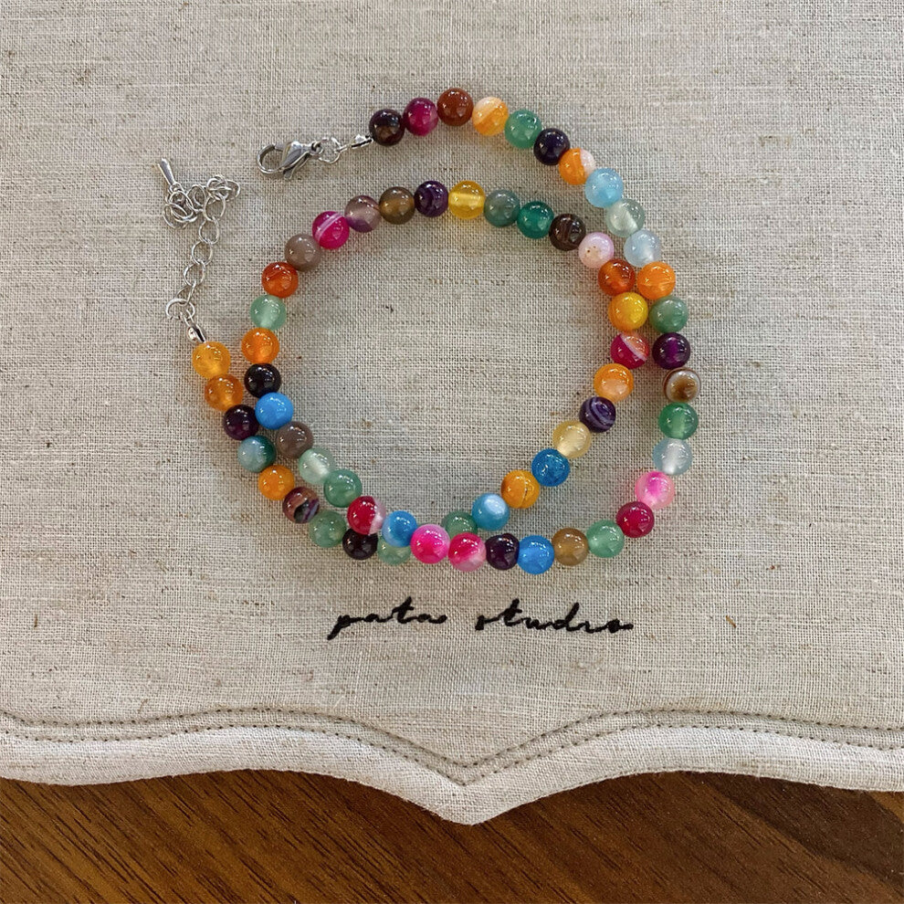 (Colorful crystal round bead necklace) New dopamine colored beaded necklace fashionable niche design clavicle chain versatile necklace for women