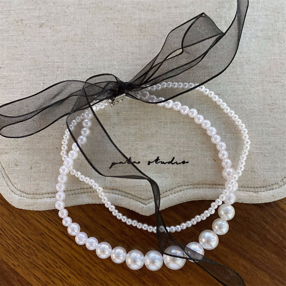 (Black Ribbon Double Pearl Necklace) New dopamine colored beaded necklace fashionable niche design clavicle chain versatile necklace for women